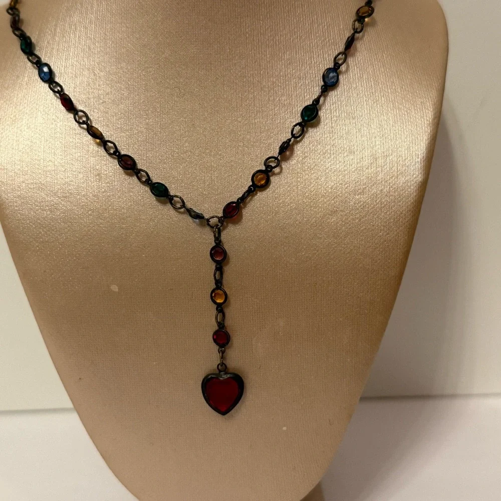 NECKLACE Y OXIDIZED BRONZE COLOR CHAIN WITH MULTI COLOR AUSTRIAN CRYSTALS USA
